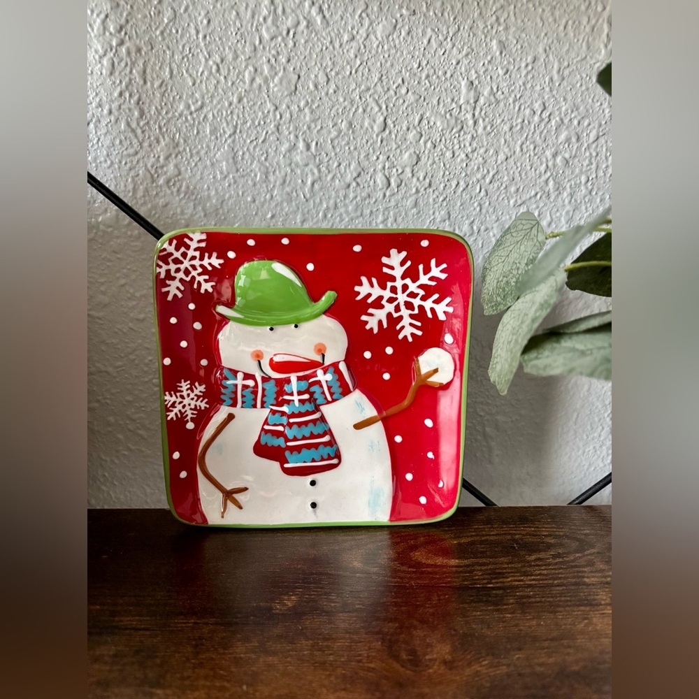 Pier 1 Snowman Plate - Red, Green, and White 6”x6” Holidays Christmas
